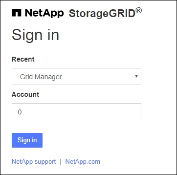 Wählen Sie Grid Manager aus der Liste der jüngsten Konten aus