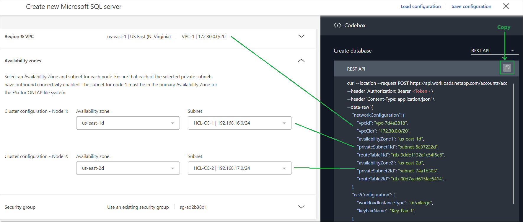 Ein Screenshot, der zeigt, wie ein Microsoft SQL Server in der UI erstellt wird, sowie die entsprechenden Einträge für VPC und Verfügbarkeitszonen in der Codebox.