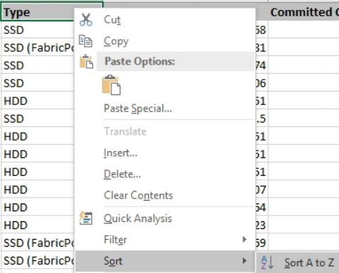 Una captura de pantalla de la interfaz de usuario que muestra cómo seleccionar Ordenar en la columna de tipo.