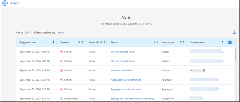 La página de lista de alertas de BlueXP 