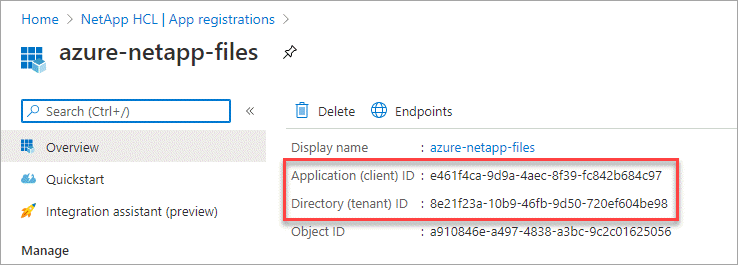 Captura de pantalla que muestra el ID de aplicación (cliente) y el ID de directorio (inquilino) para una aplicación en Microsoft Entra ID.
