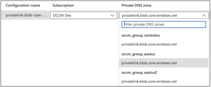 Una captura de pantalla que muestra la selección de zona privada de la página Configuración de punto final privado.