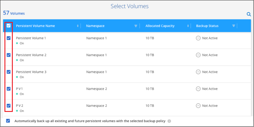 Captura de pantalla de selección de los volúmenes persistentes de los que se realizará un backup.
