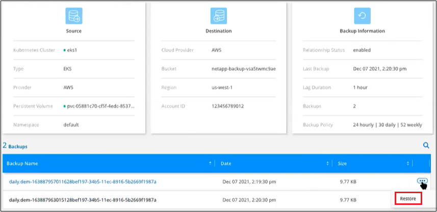 Captura de pantalla que muestra la Lista de todos los archivos de copia de seguridad de un único volumen.
