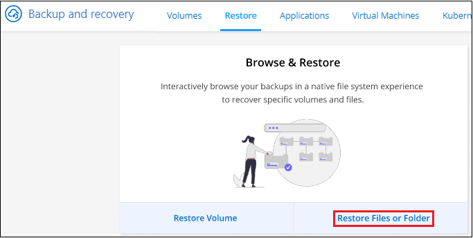 Captura de pantalla de la selección del botón Restaurar archivos o carpeta del Panel de restauración.