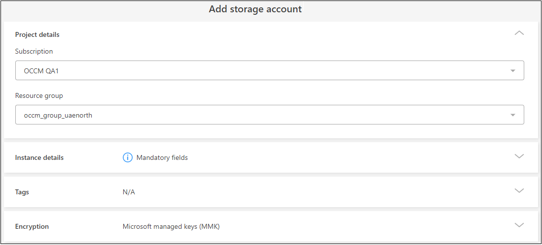 Una captura de pantalla que muestra la página Agregar cuenta de almacenamiento para poder crear sus propias cuentas de almacenamiento de Azure Blob.