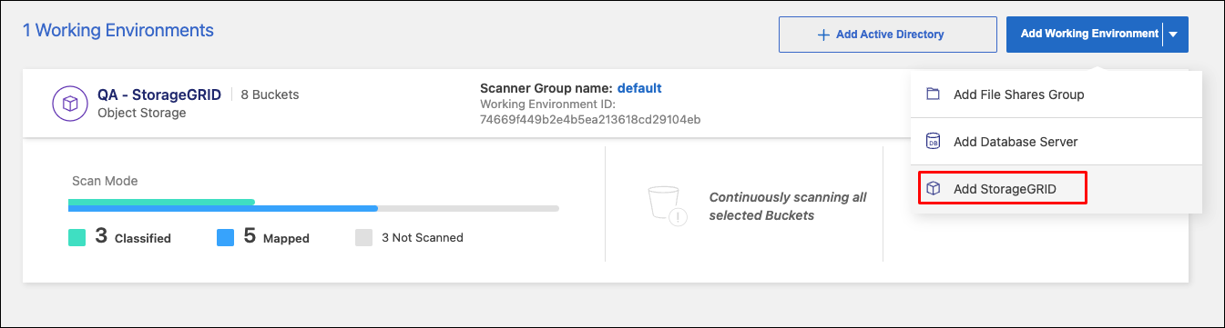 Una captura de pantalla de la página Configuración de escaneo donde puede hacer clic en el botón Agregar StorageGRID.