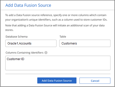 Captura de pantalla de identificación del esquema, la tabla y la columna del origen de datos Fusion.