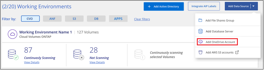Captura de pantalla de la página Configuración de exploración donde puede hacer clic en el botón Agregar OneDrive.