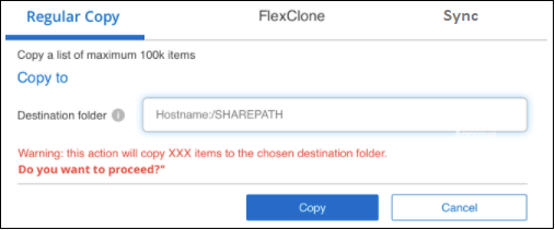 Una captura de pantalla que muestra el cuadro de diálogo Copiar archivos para poder especificar el nombre del recurso compartido NFS donde se copiarán todos los archivos seleccionados.