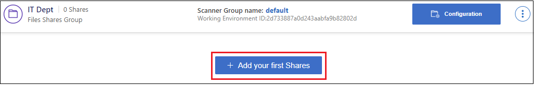 Una captura de pantalla que muestra el botón Agregar los primeros recursos compartidos para agregar los recursos compartidos iniciales al grupo.