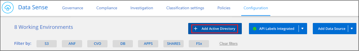 Una captura de pantalla que muestra hacer clic en el botón para agregar un servidor de Active Directory a la clasificación de BlueXP.
