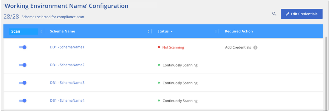 Captura de pantalla de la página Configuración de exploración donde puede elegir los esquemas que desea escanear.