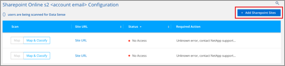 Captura de pantalla que muestra el botón Agregar sitios de SharePoint para agregar más sitios a una cuenta.