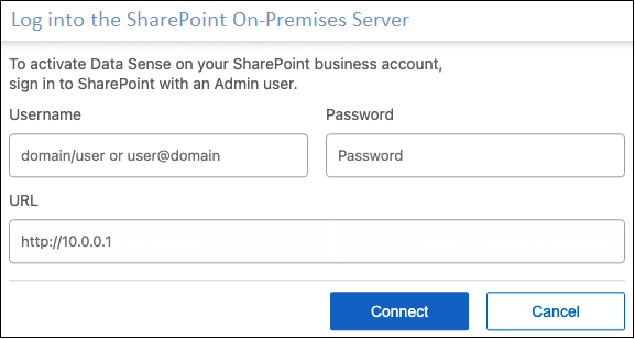 Captura de pantalla que muestra la información de inicio de sesión de una cuenta local de SharePoint.