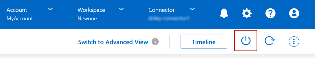 Captura de pantalla: Muestra el icono para apagar un sistema Cloud Volumes ONTAP.