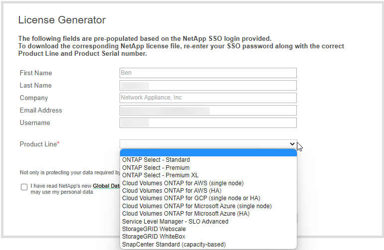 Captura de pantalla: Muestra un ejemplo de la página web del generador de licencias de NetApp con las líneas de productos disponibles.