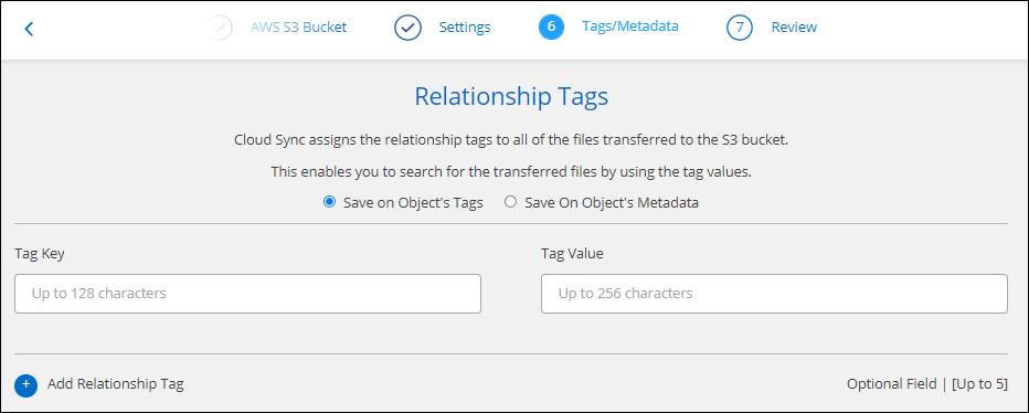 Captura de pantalla que muestra la página Etiquetas/metadatos al crear una relación de sincronización con Amazon S3.