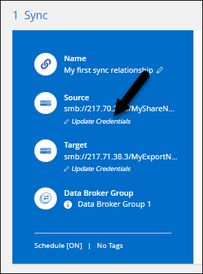 Captura de pantalla que muestra la opción Actualizar credenciales en la página Relaciones de sincronización justo debajo del nombre del origen o destino.