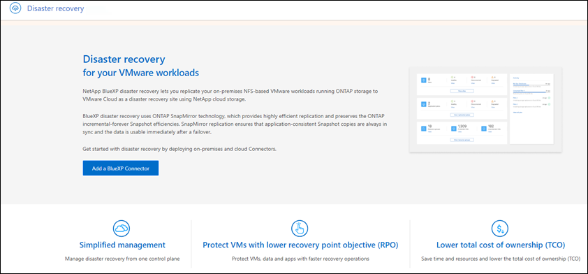 Captura de pantalla de la página de destino para la recuperación ante desastres de BlueXP