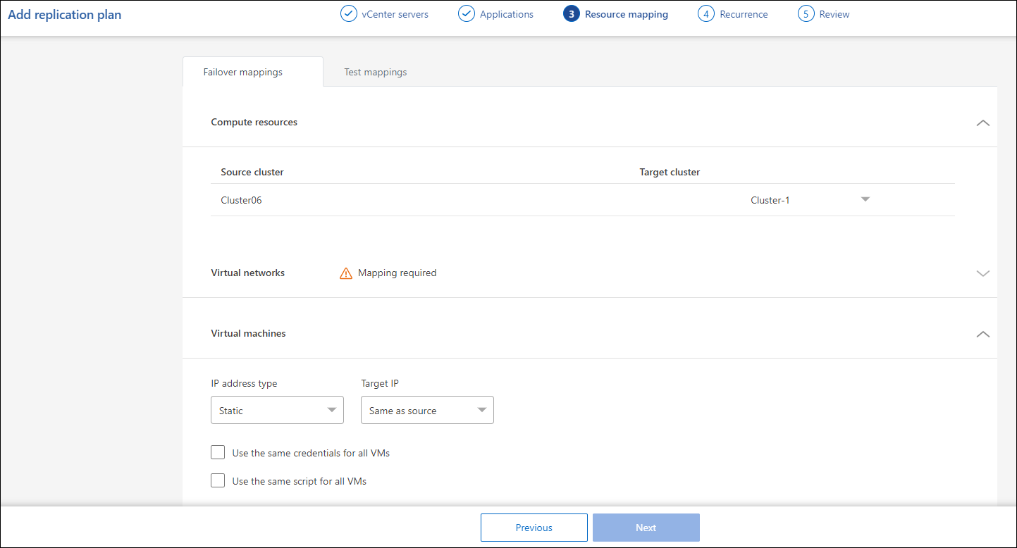 Captura de pantalla que muestra Agregar plan de replicación > Asignación de recursos > máquinas virtuales