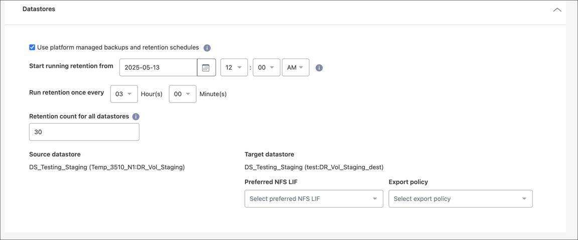 Captura de pantalla que muestra Agregar plan de replicación > Asignación de recursos > almacenes de datos