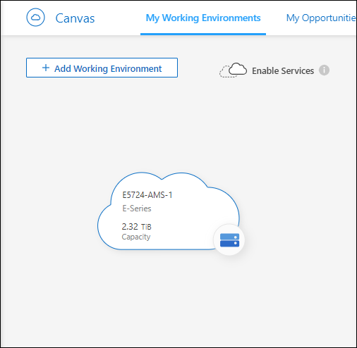 Captura de pantalla que muestra un entorno de trabajo E-Series en el lienzo BlueXP.