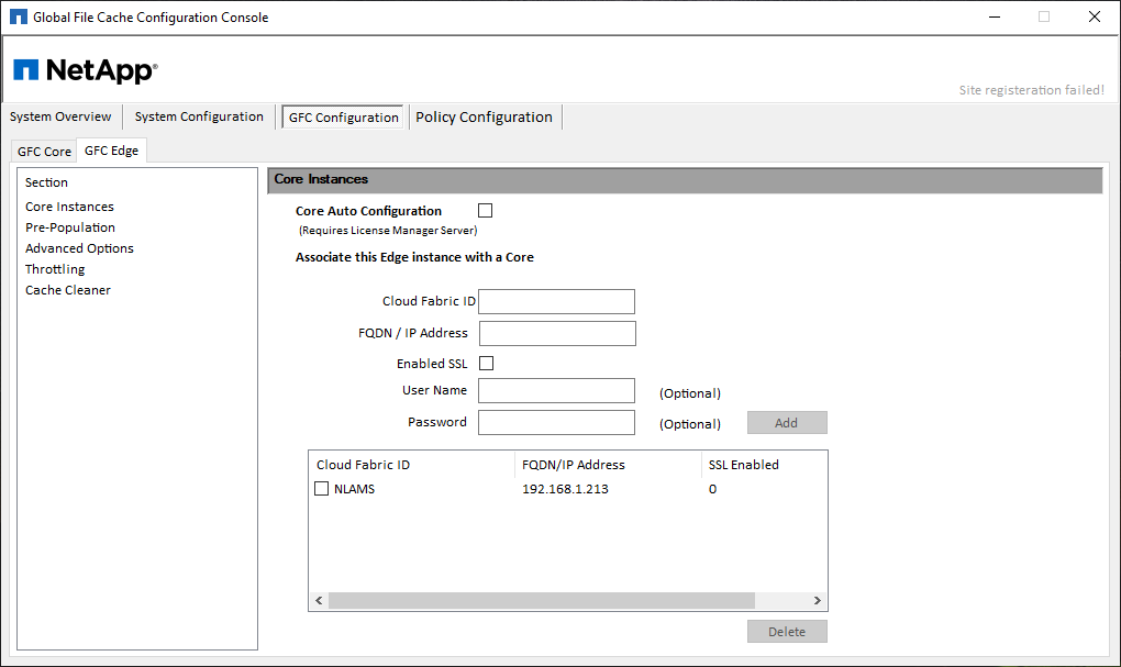 Una captura de pantalla en la que se muestran las entradas de Edge que identifican el Core de almacenamiento en caché perimetral de BlueXP que se utilizará.