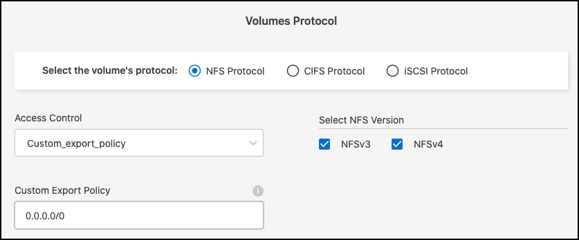 Una captura de pantalla de la configuración de NFS FSX para la creación del volumen ONTAP.
