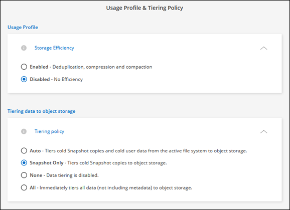 Una captura de pantalla del perfil de uso y la configuración de niveles para FSX para la creación de volúmenes de ONTAP.