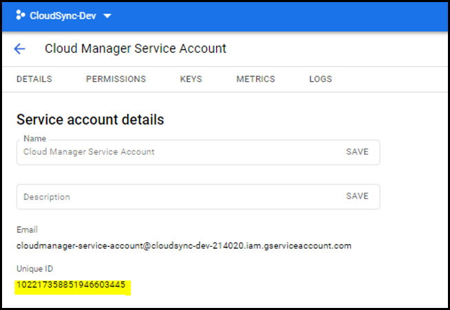 Una captura de pantalla de los detalles de la cuenta de servicio en Cloud Console.
