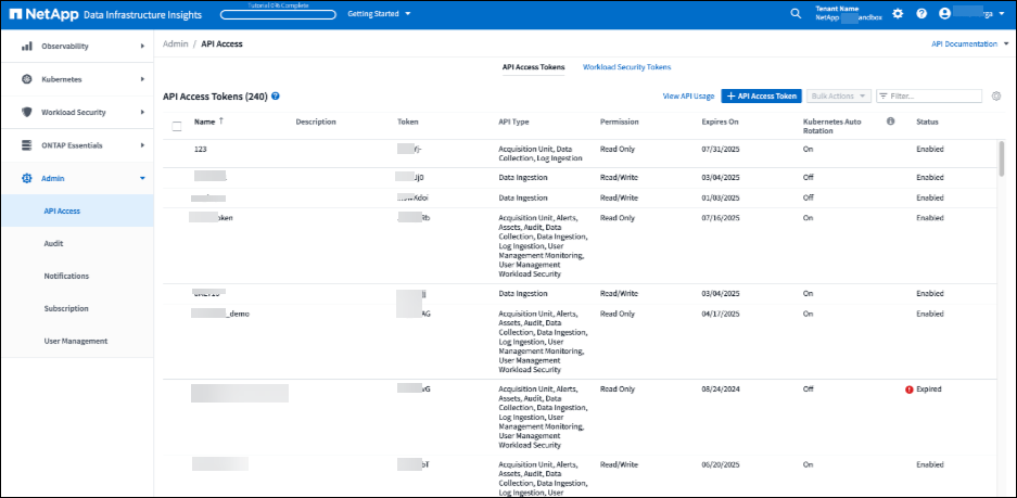 Página API Access de Data Infrastructure Insights Seguridad de cargas de trabajo