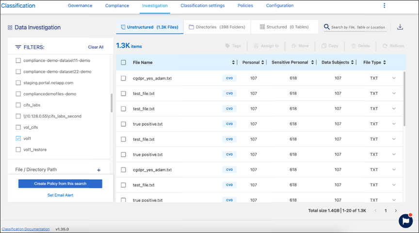 Clasificación de BlueXP