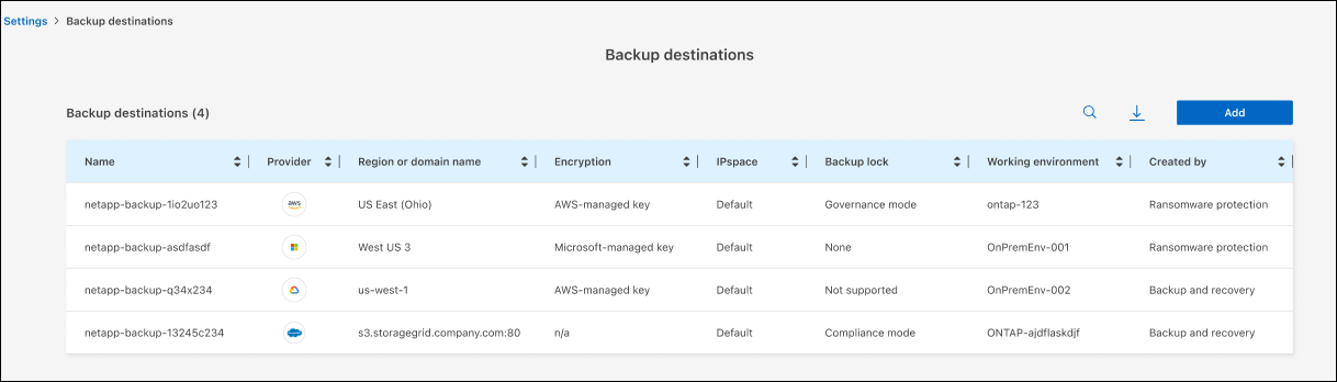 Backup destinations para la página Settings