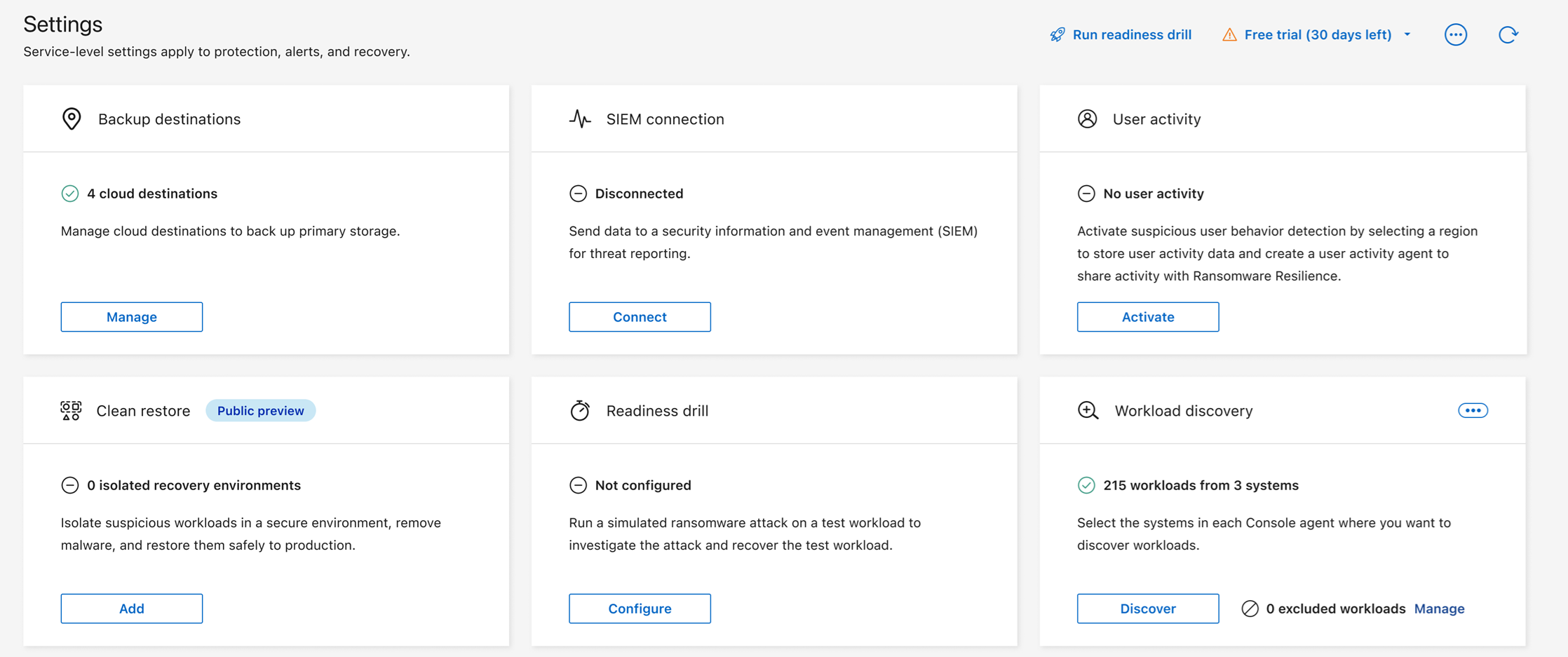 Panel de configuración de resiliencia frente al ransomware