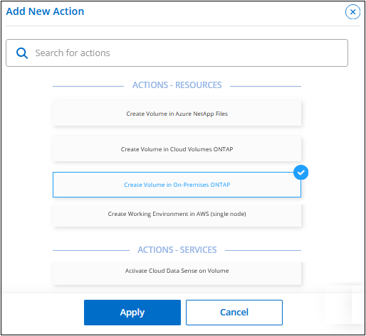 Una captura de pantalla que muestra cómo seleccionar la acción principal de la página Agregar nueva acción.
