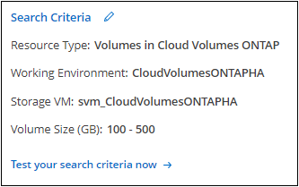 Captura de pantalla que muestra los criterios de búsqueda definidos para la plantilla de búsqueda de recursos existentes.
