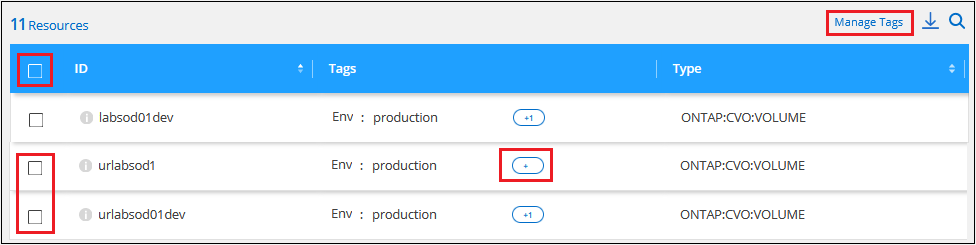 Captura de pantalla que muestra cómo seleccionar un solo recurso, varios recursos o todos los recursos.