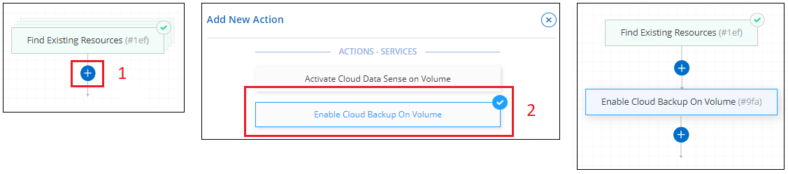 Una captura de pantalla que muestra los pasos que hay que seguir para añadir una acción de backup y recuperación de BlueXP a tu plantilla.
