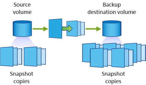 En esta ilustración, se muestran copias Snapshot en un volumen de origen y un volumen de destino de backup que incluye más copias de Snapshot porque SnapVault conserva copias Snapshot para retención a largo plazo.