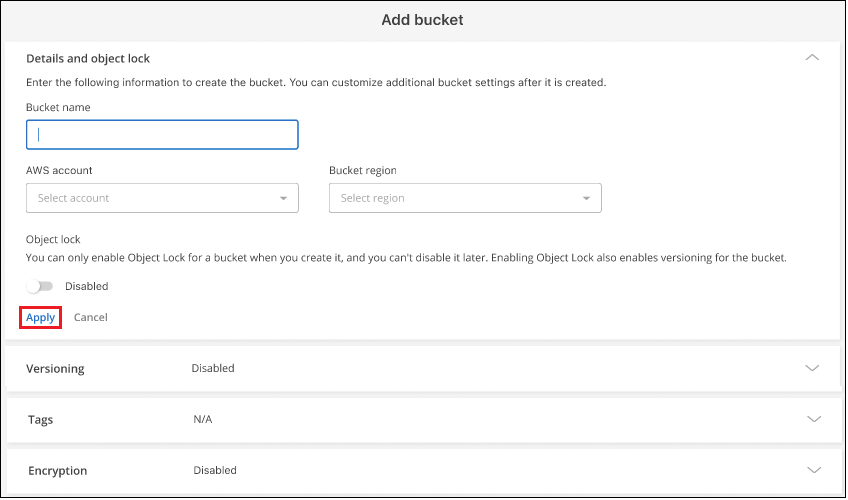 Una captura de pantalla que muestra la página Add Bucket para que pueda crear su propio bloque de Amazon S3.