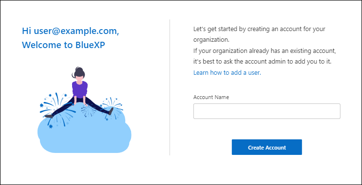 Captura de pantalla de la página de bienvenida que aparece cuando inicia sesión con una cuenta nueva que no pertenece a una cuenta.