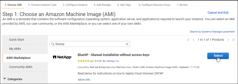 Una captura de pantalla que muestra la oferta BlueXP tras buscarla en AWS Marketplace