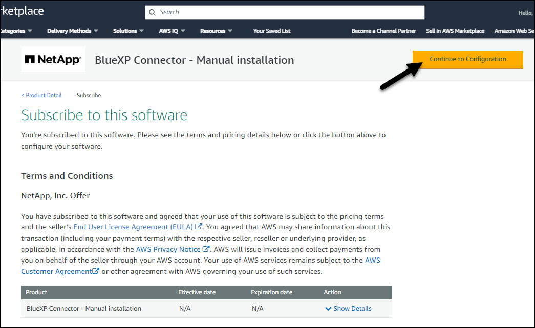 Una captura de pantalla que muestra los botones continuar Suscribirse y continuar con Configuración en AWS Marketplace.