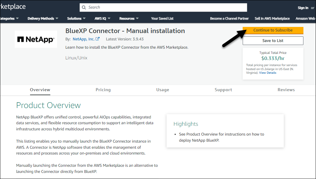 Una captura de pantalla que muestra los botones continuar Suscribirse y continuar con Configuración en AWS Marketplace.