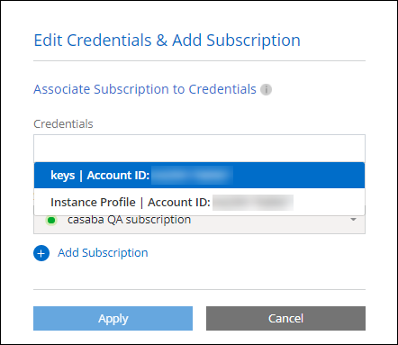 Una captura de pantalla que muestra la selección entre cuentas de proveedor de nube después de seleccionar Cambiar cuenta en la página Detalles  credenciales.