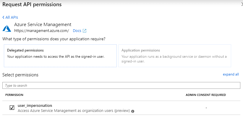 Una captura de pantalla del portal de Azure que muestra la adición de las API de gestión de servicios de Azure.