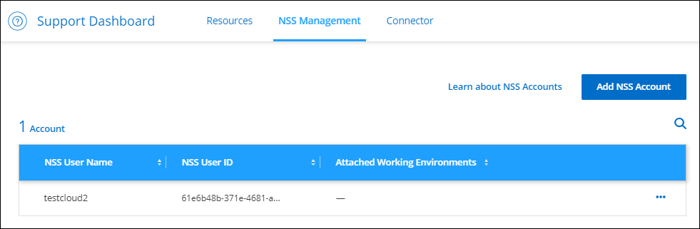Una captura de pantalla de la pestaña NSS Management en la consola de soporte, donde puede agregar cuentas de NSS.