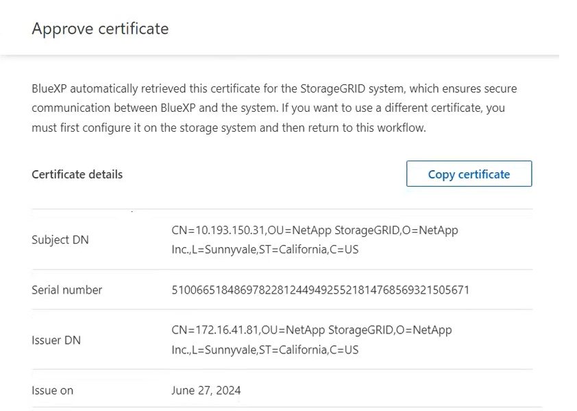 Captura de pantalla que muestra la pantalla Aprobar certificado que aparece durante la detección de un sistema StorageGRID