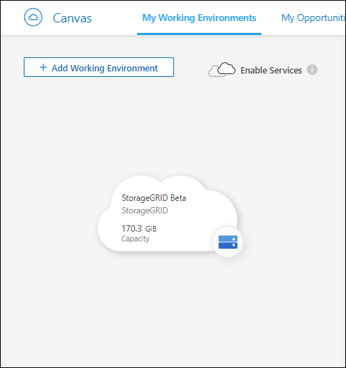 Captura de pantalla que muestra un entorno de trabajo de StorageGRID en el lienzo BlueXP.